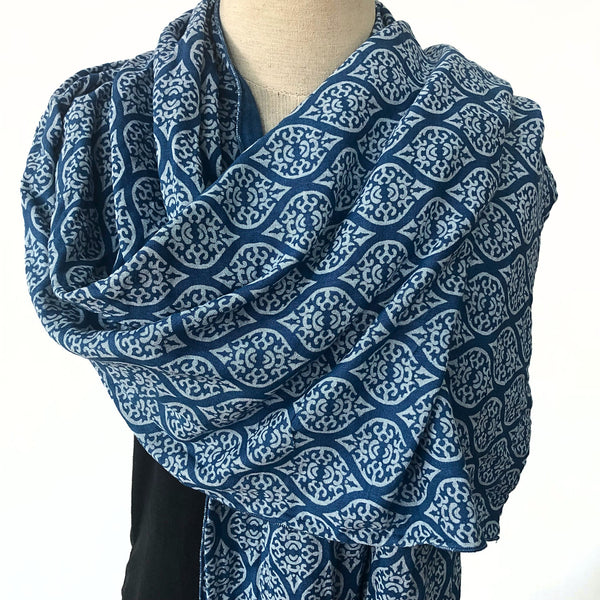 Soft drape blue and white cotton gauze scarf or sarong - Pallu Design