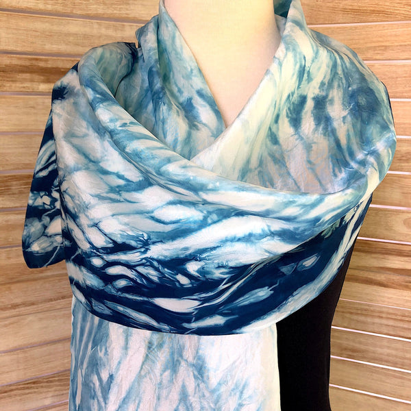 Indigo Shibori Silk Scarf in Ocean Design