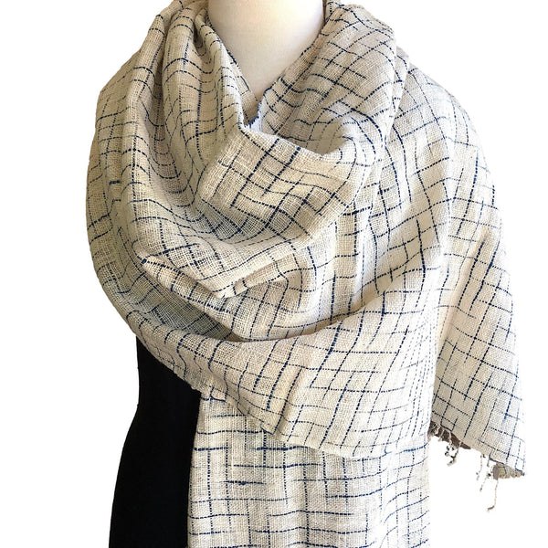 Large cotton hand woven shawl with indigo stripe - Pallu Design