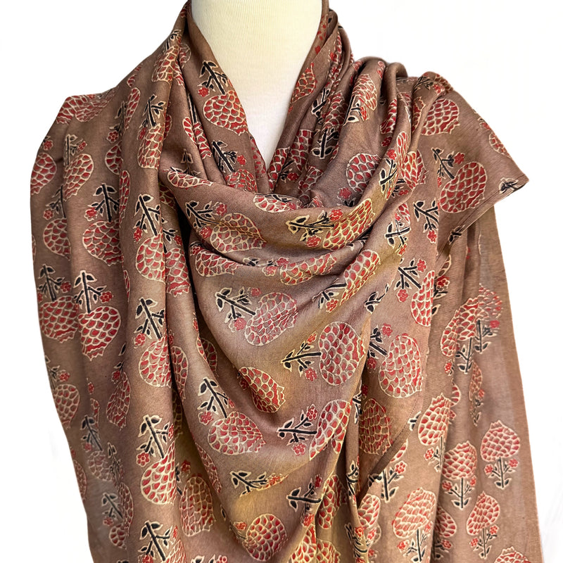 Oversize Scarf in Pomegranite Design - Silk and Cotton block print