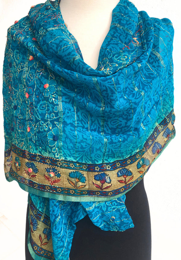 Silk scarf with delicate embroidery - Aqua