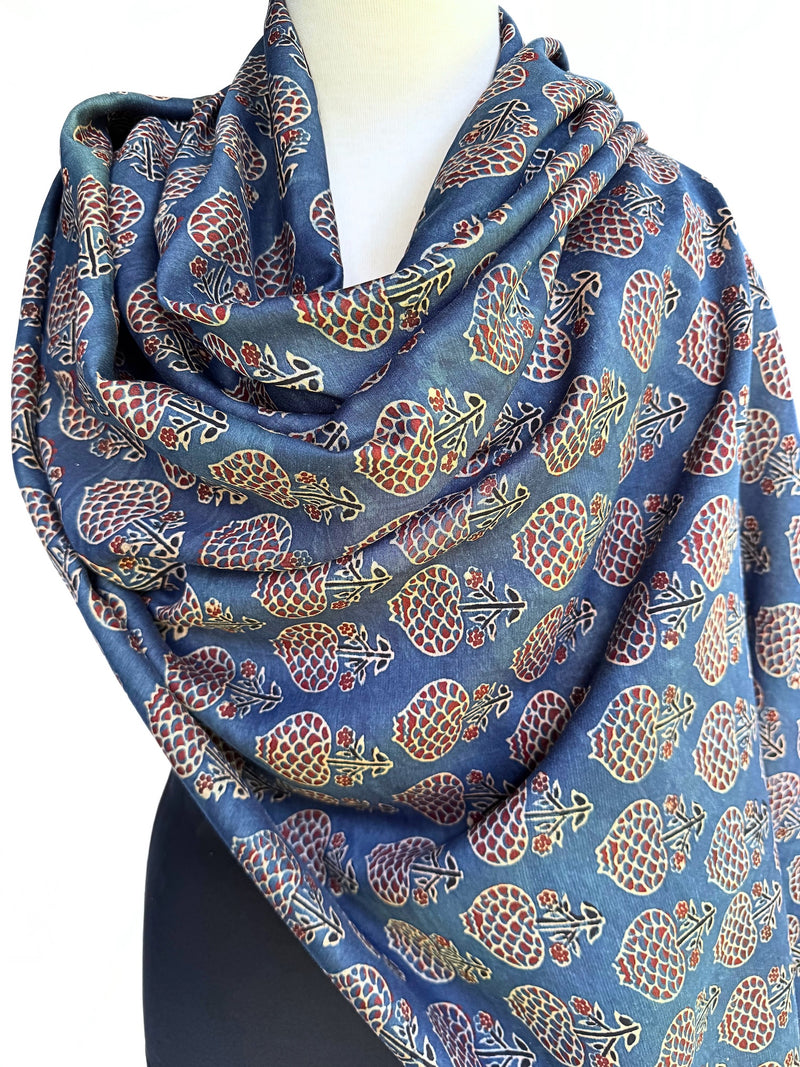 Indigo Oversize Ajrakh Scarf in Pomegranate Design