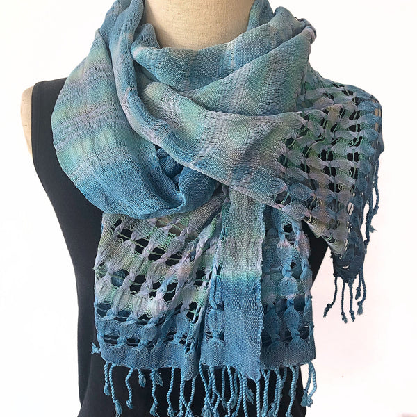Hand woven cotton scarf with tassels in aqua tones - Pallu Design