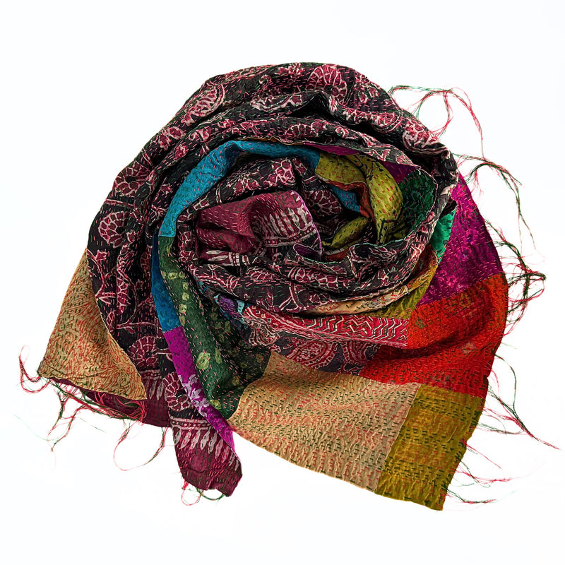 Hand stitched kantha silk sari scarf
