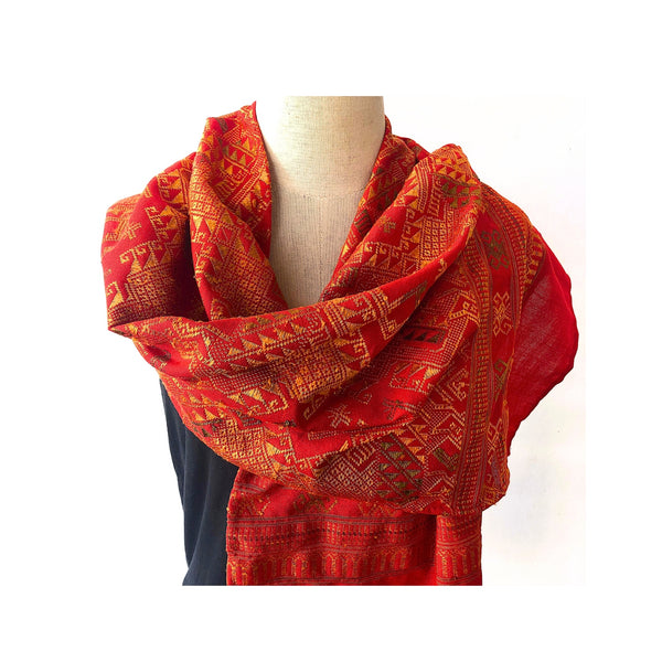 Red and gold hand woven scarf - Pallu Design