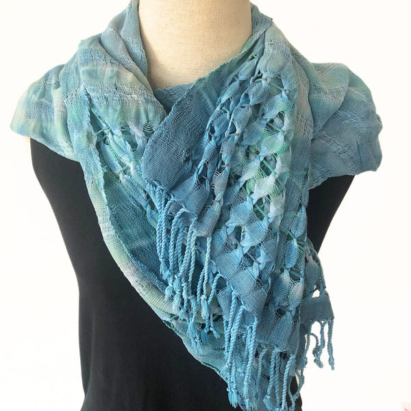 Hand woven cotton scarf with tassels in aqua tones - Pallu Design
