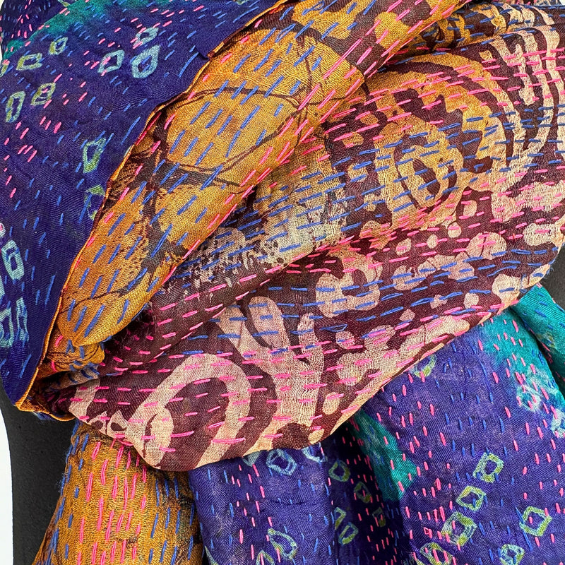 Fringed Kantha Silk sari scarf