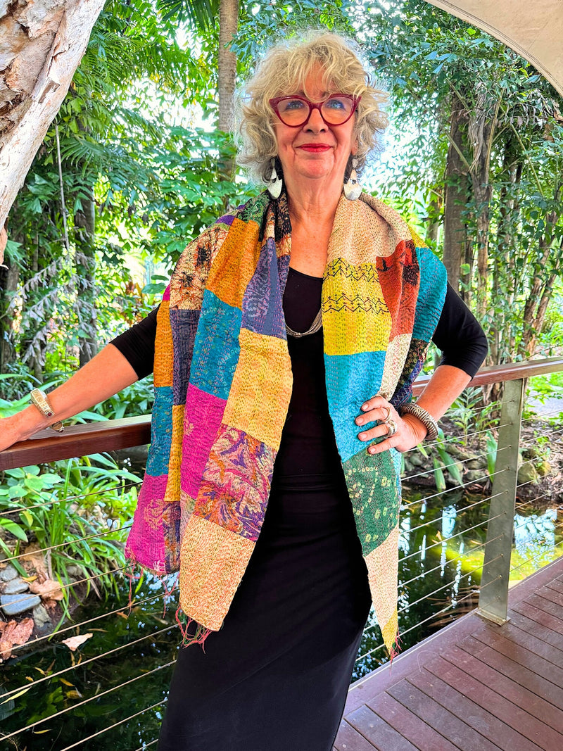 Hand stitched kantha silk sari scarf