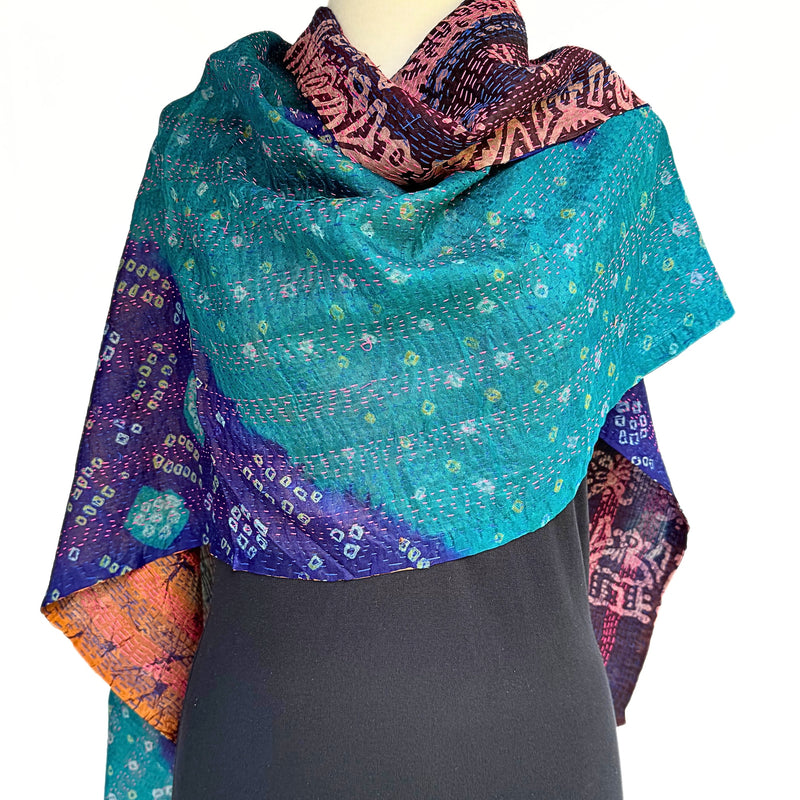 Fringed Kantha Silk sari scarf