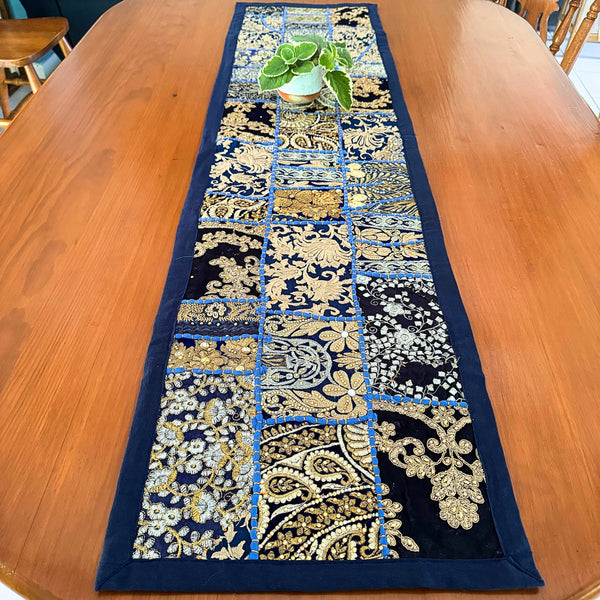 Blue Patchwork Table runner created using Indian Braids - Pallu Design