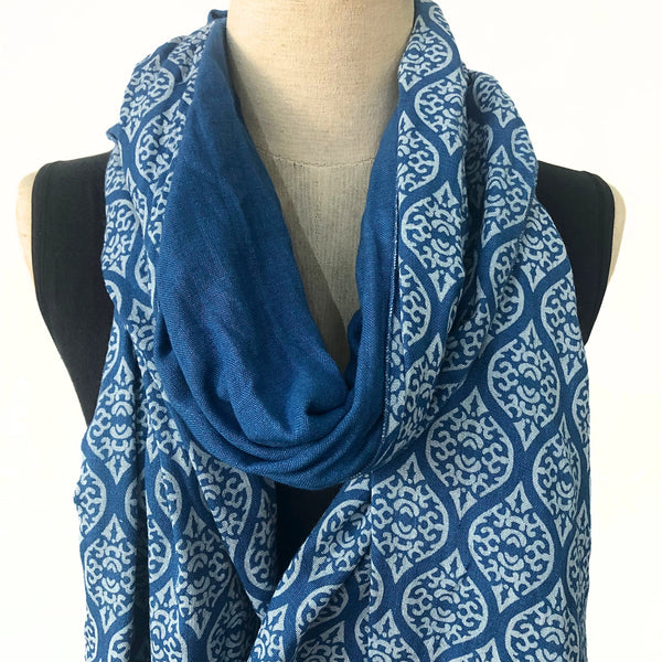 Soft drape blue and white cotton gauze scarf or sarong - Pallu Design