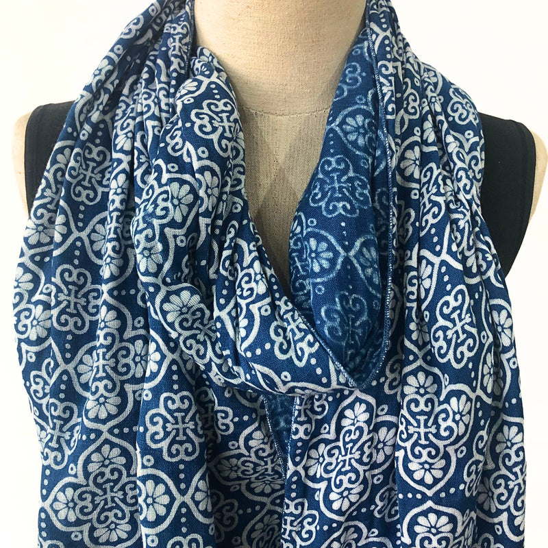 Soft drape blue and white cotton gauze scarf - Pallu Design