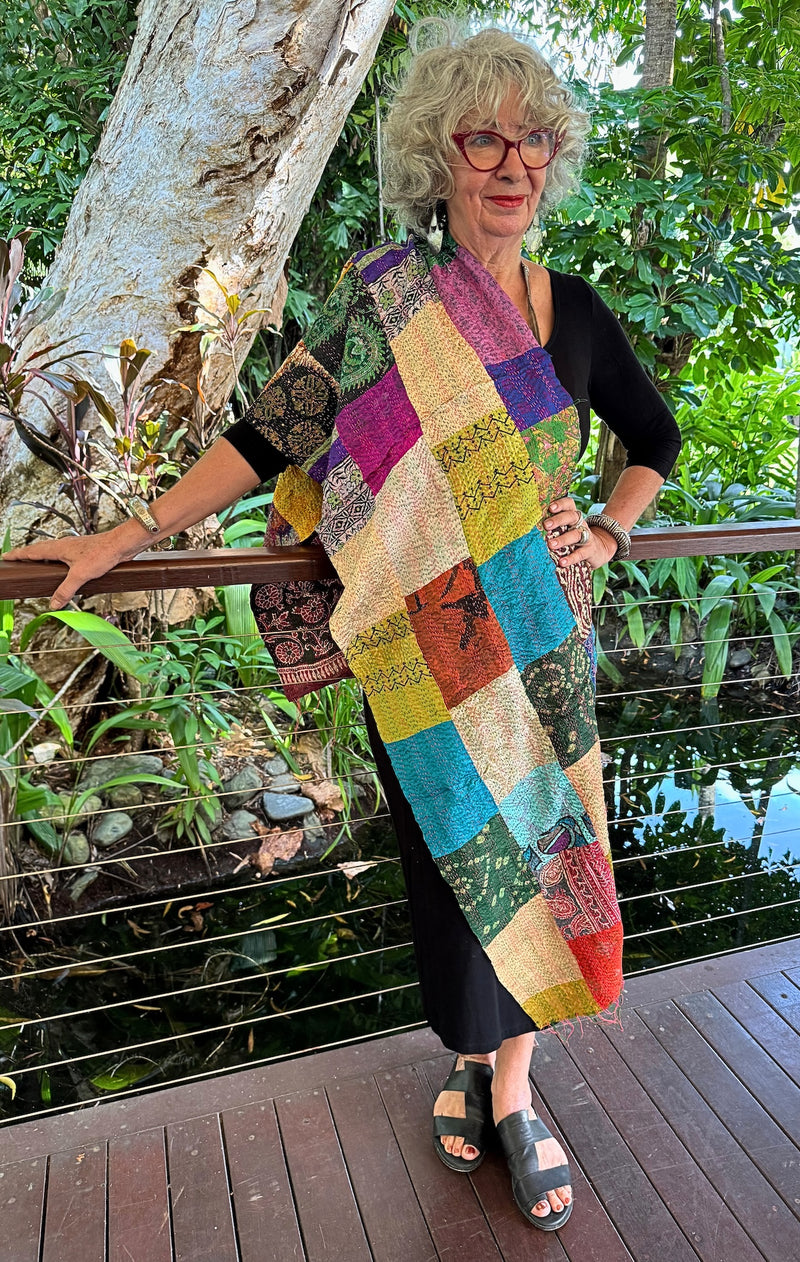 Hand stitched kantha silk sari scarf