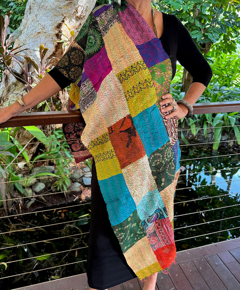 Hand stitched kantha silk sari scarf