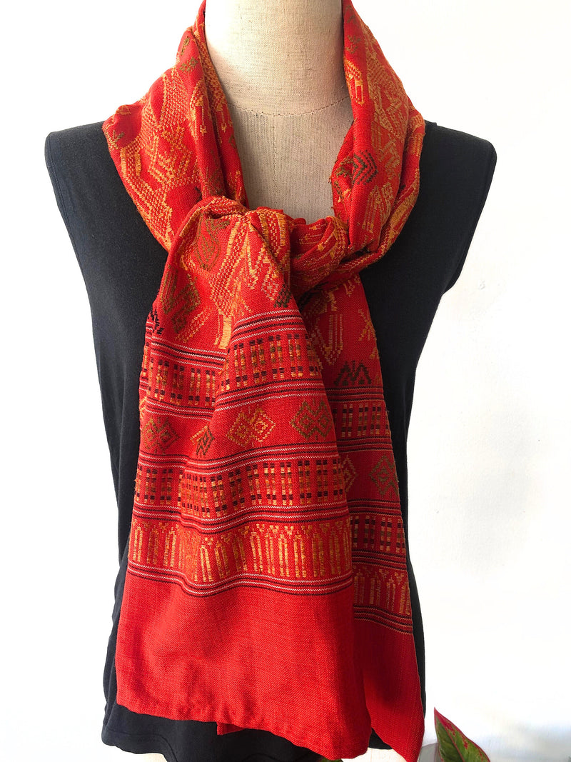 Red and gold hand woven scarf - Pallu Design