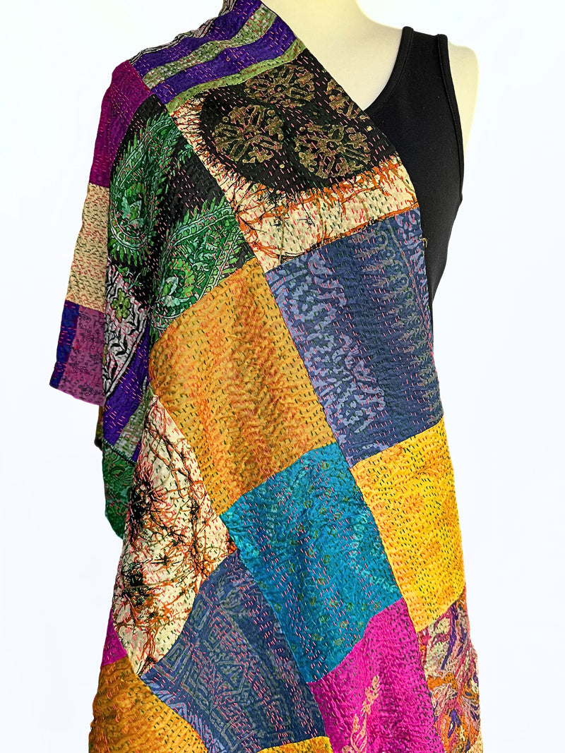 Hand stitched kantha silk sari scarf