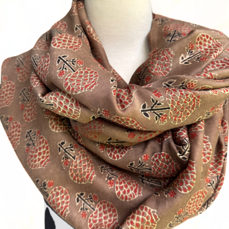 Oversize Scarf in Pomegranite Design - Silk and Cotton block print