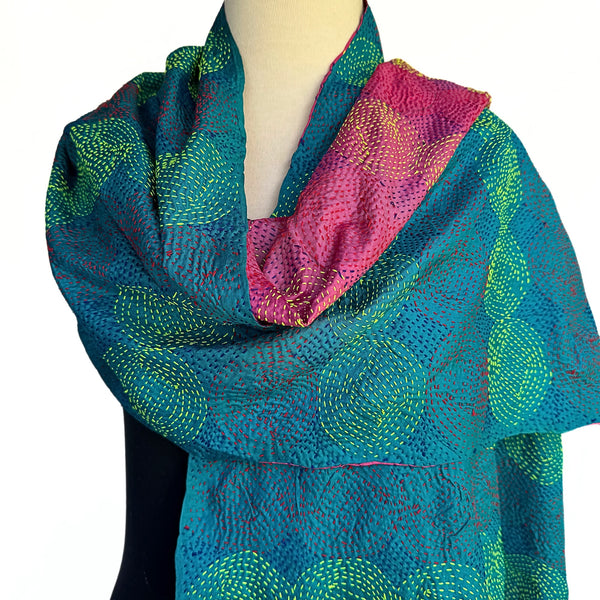 Pink and teal silk kantha scarf - Pallu Design