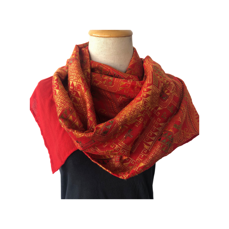 Red and gold hand woven scarf - Pallu Design