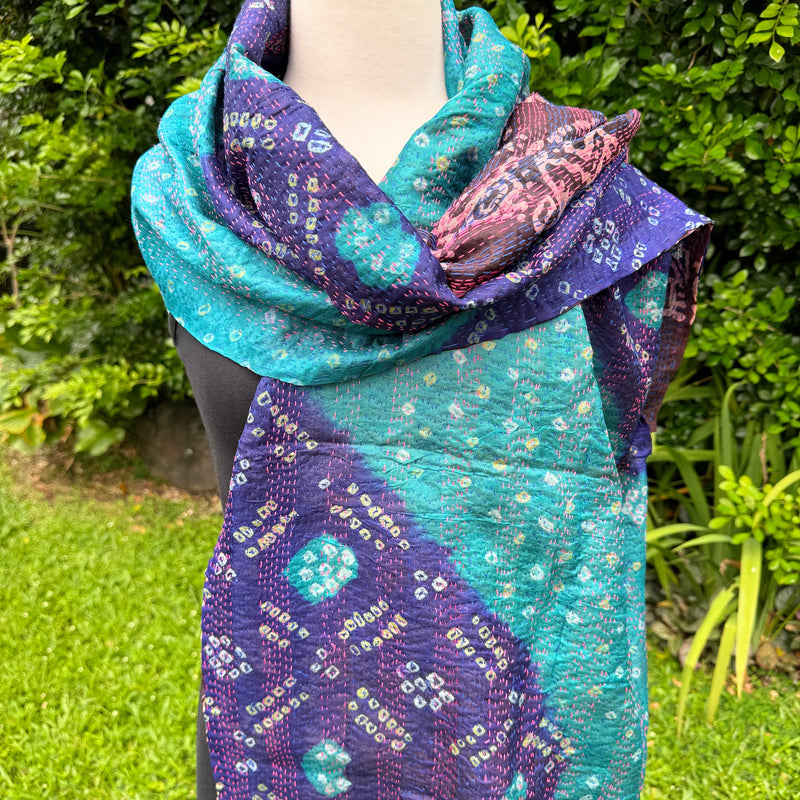 Fringed Kantha Silk sari scarf