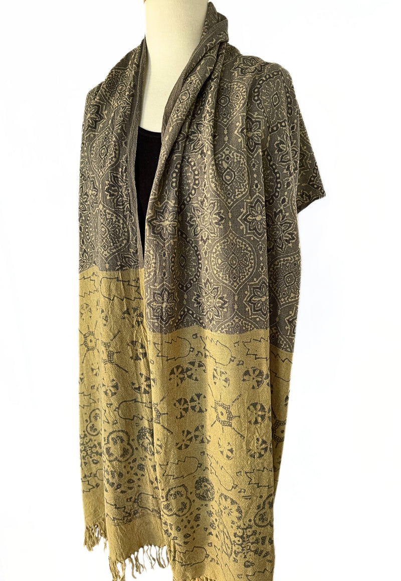 Detail of Wool ajrakh scarf in muted gold and grey - Pallu Design