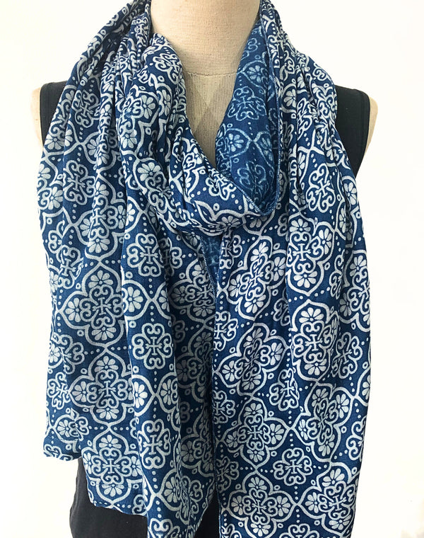 Soft drape blue and white cotton gauze scarf - Pallu Design