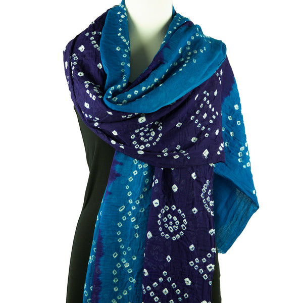 Bandhani Scarf or Sarong, Purple and Blue - Pallu Design
