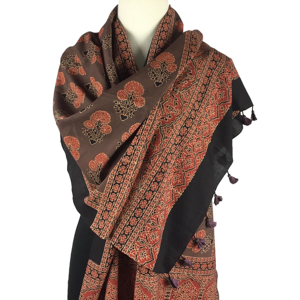 Ajrakh scarf block printed in mocha and coral - Pallu Design