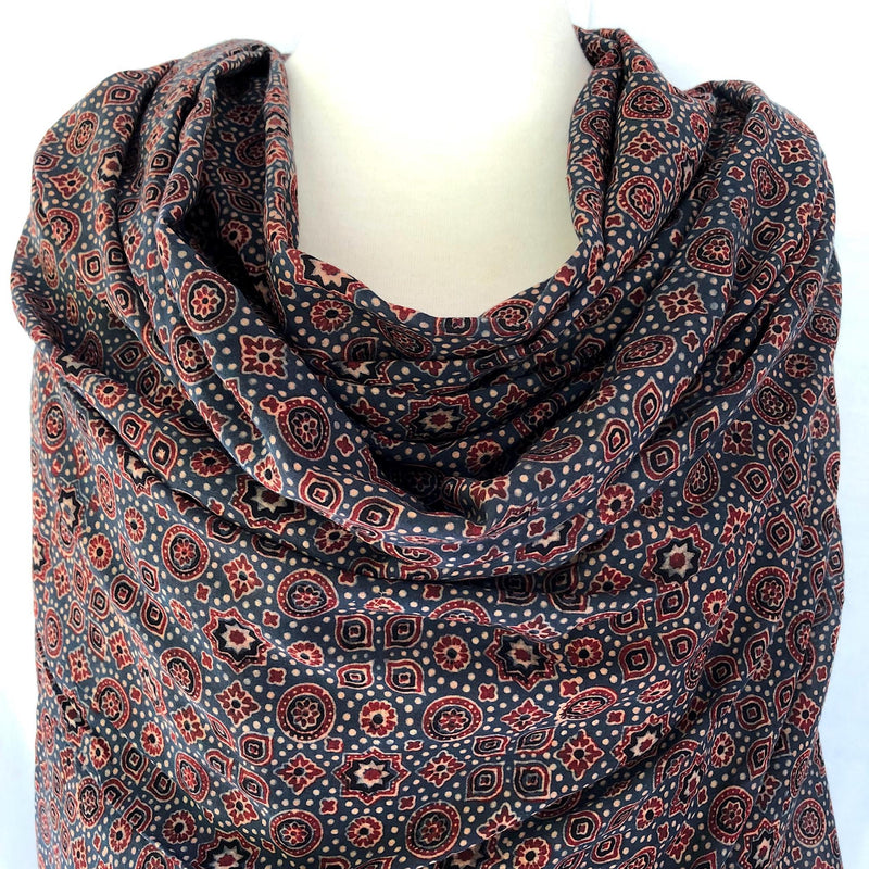 Cotton voile ajrakh scarf indigo dyed - Pallu Design