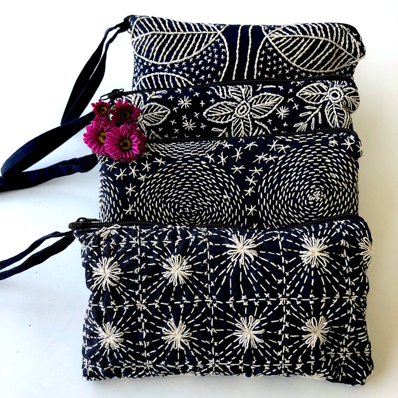 Small Indigo embroidered Clutch Bag - Hmong fabric wristlet - Pallu Design
