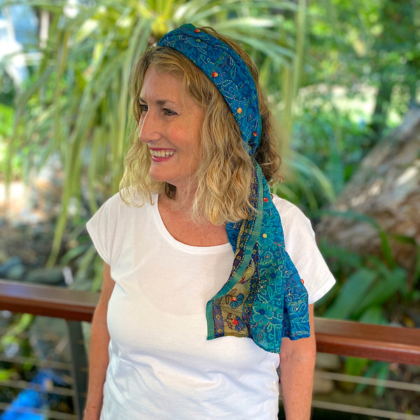 Silk scarf with delicate embroidery - Aqua
