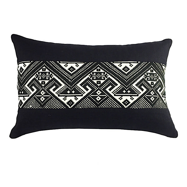 Hand Woven Black & White Oblong Cushion - Pallu Design