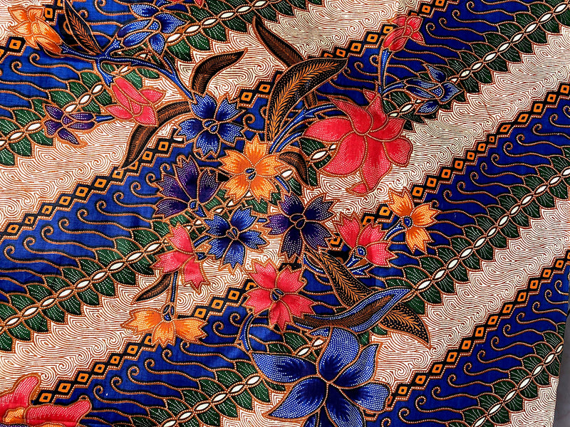Batik Style Printed Cotton Fabric - Blue & Cream