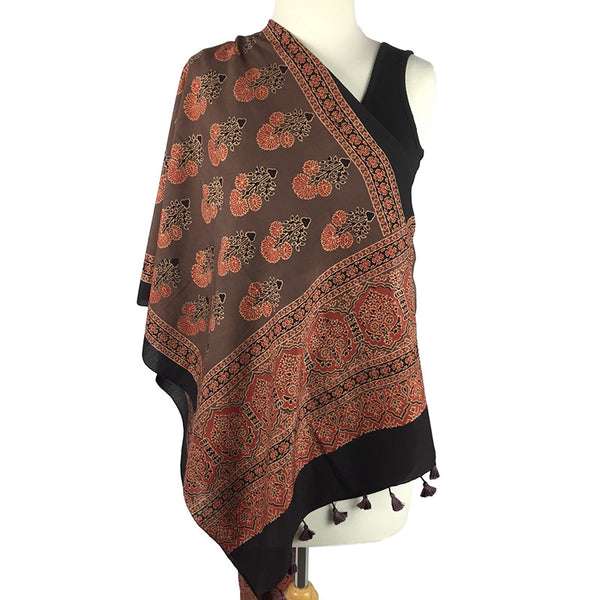 Ajrakh scarf block printed in mocha and coral - Pallu Design