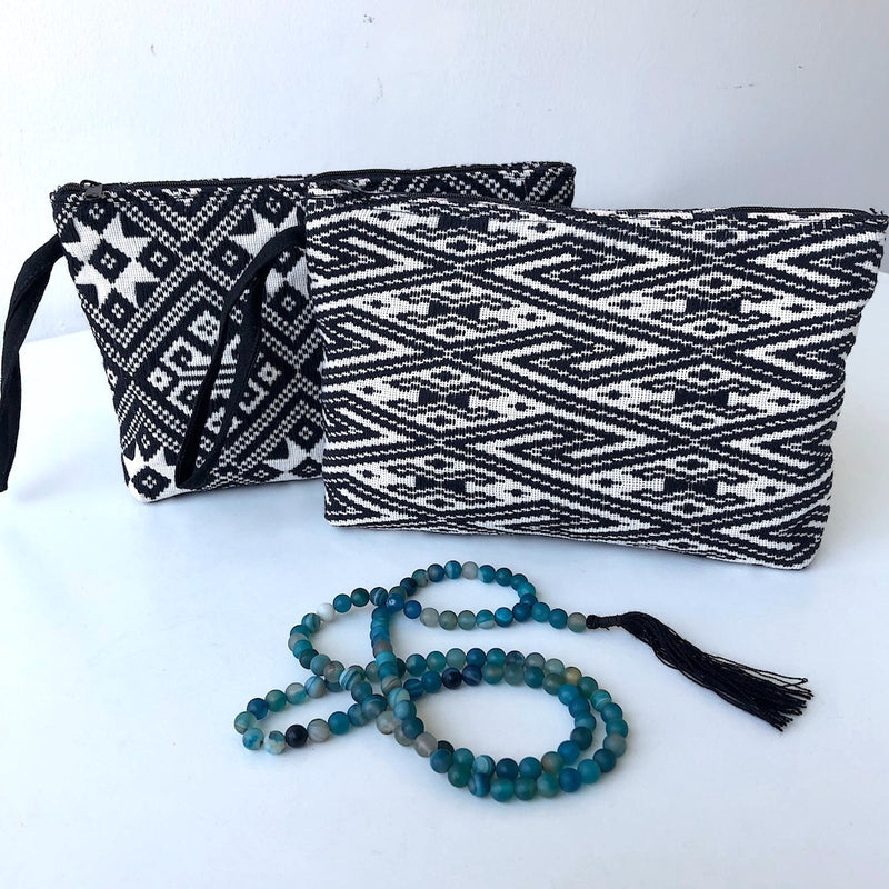 Large Black and White Clutch Bag - Handwoven  Chevron Zip pouch - Pallu Design