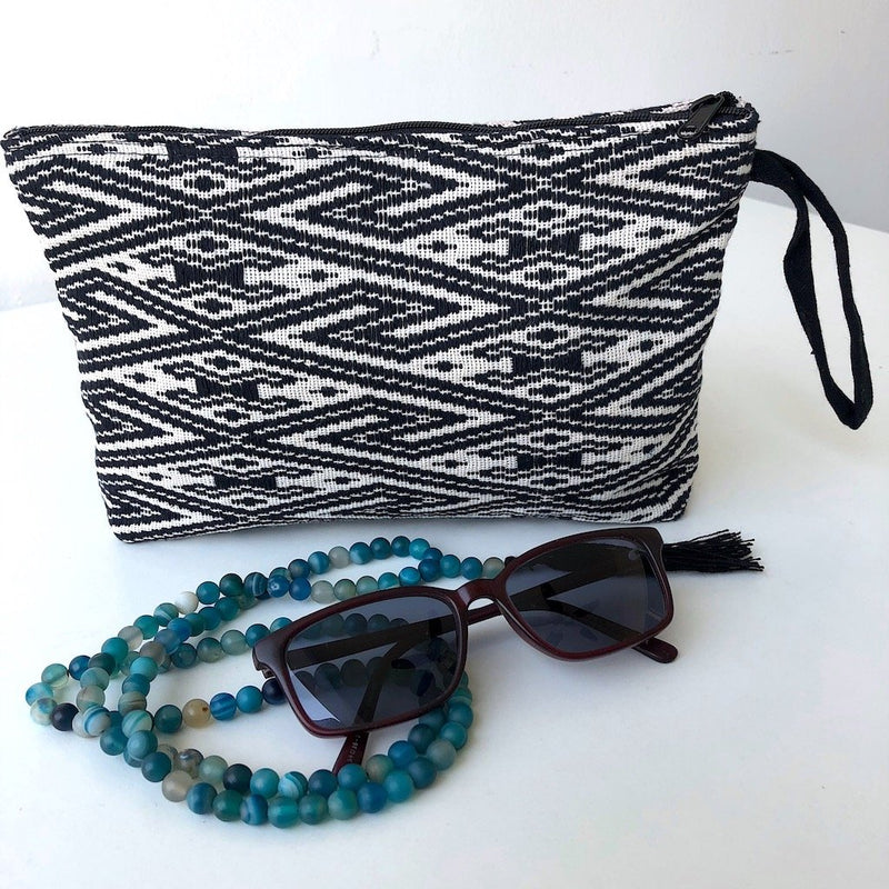 Large Black and White Clutch Bag - Handwoven  Chevron Zip pouch - Pallu Design