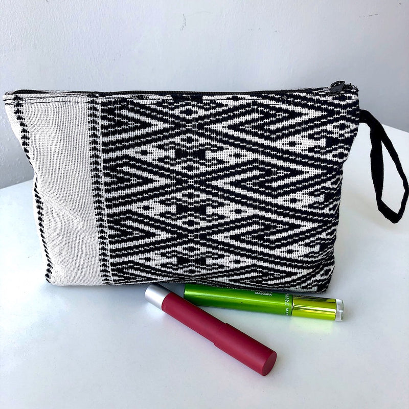 Black and White Clutch Bag - Handwoven Zip pouch in Chevron design - Pallu Design