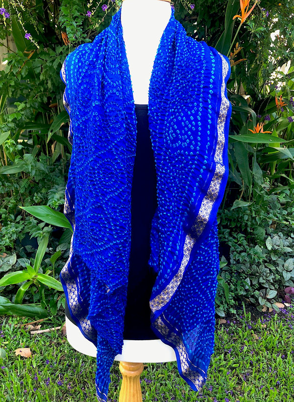 Cobalt and Peacock Silk Bandhani Shawl