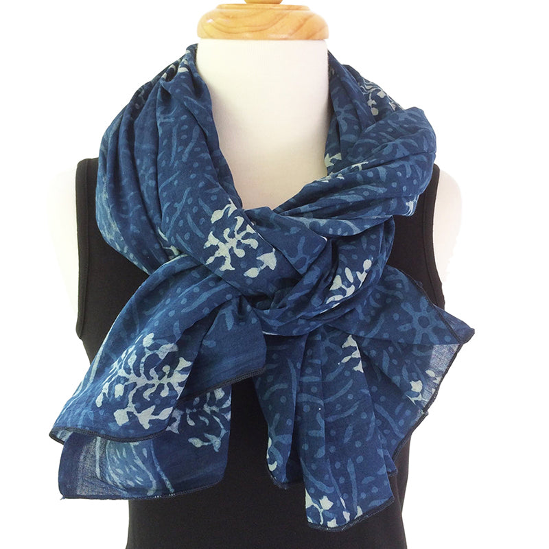 Indigo Cotton Voile Scarf- Block Print in Traditional Design - Pallu Design