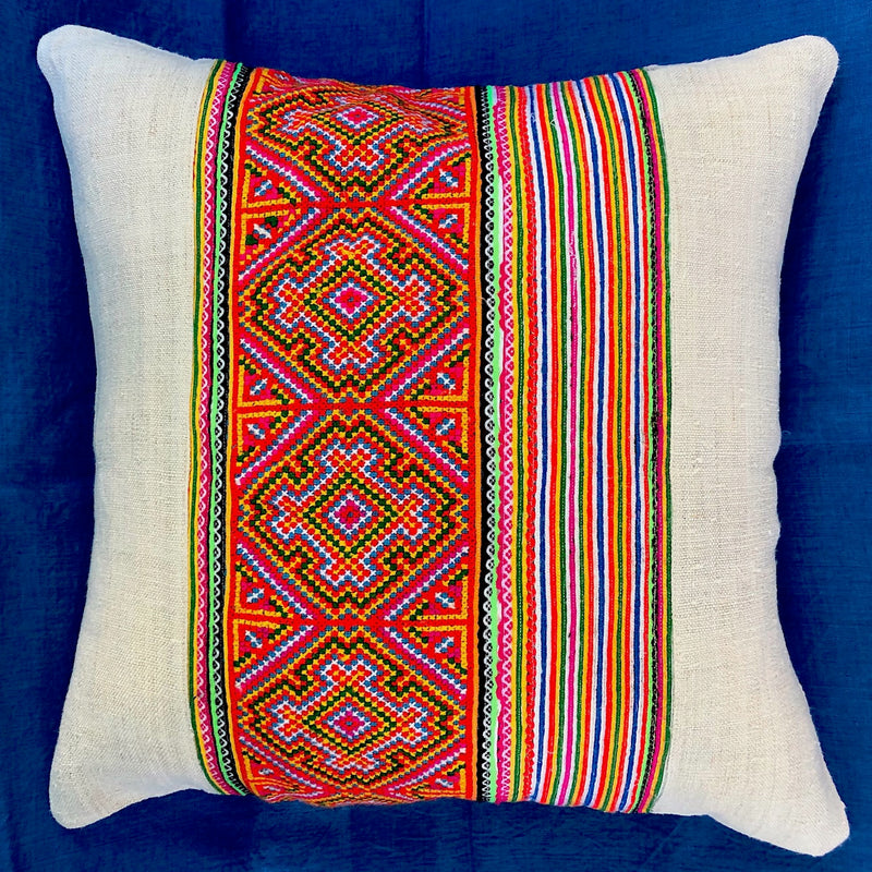Hemp Cushion with Hmong Embroidered Braid Panel - Pallu Design