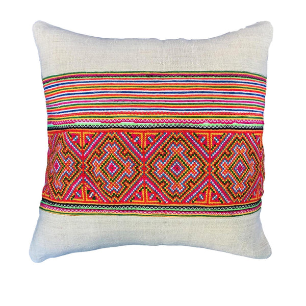 Hemp Cushion with Hmong Embroidered Braid Panel - Pallu Design