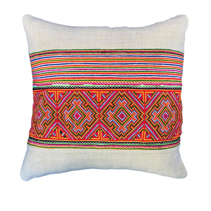 Hemp Cushion with Hmong Embroidered Braid Panel - Pallu Design