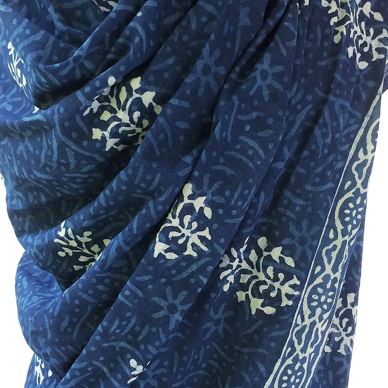 Indigo Cotton Voile Scarf- Block Print in Traditional Design - Pallu Design