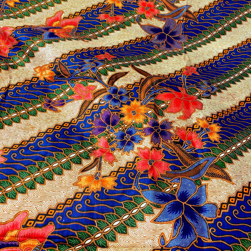 Batik Style Printed Cotton Fabric - Blue & Cream