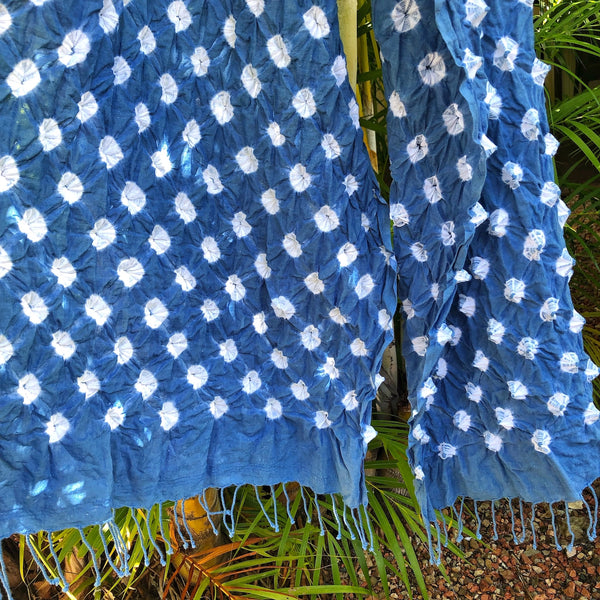 Hand Dyed Indigo Bandhani Scarf with Fringe