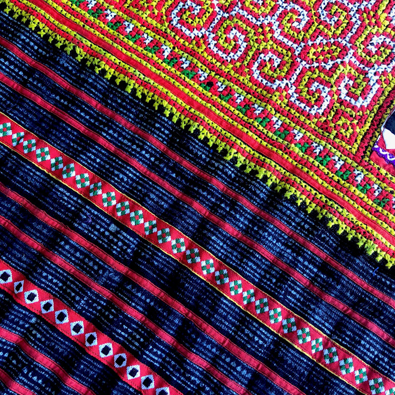 Hmong embroidered appliqued hemp and cotton fabric