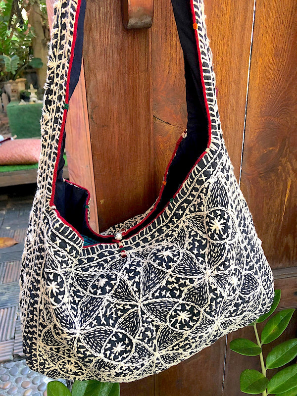 Indigo and White Embroidered Tote Bag