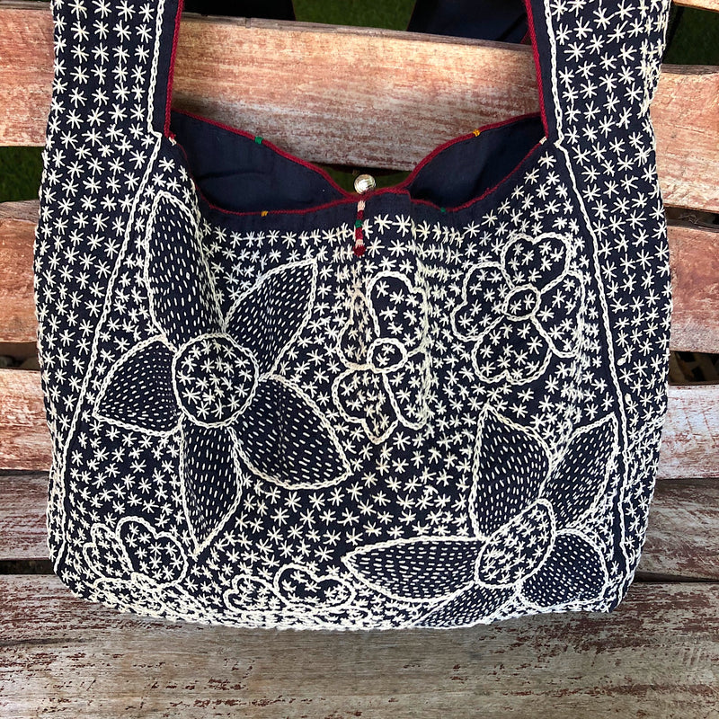 Large Hand Embroidered Indigo Tote Bag - Flower