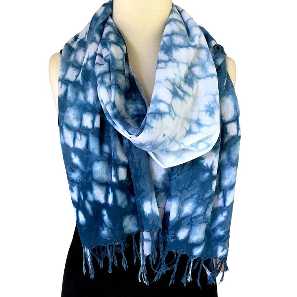 Indigo shibori fringed scarf- Pallu Design
