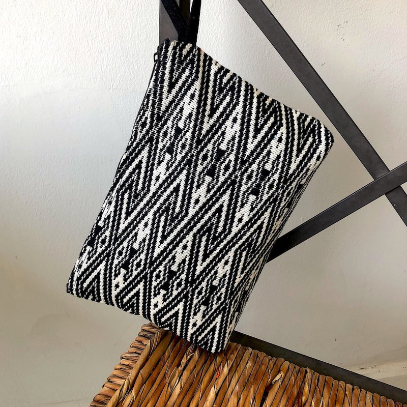 Large Black and White Clutch Bag - Handwoven  Chevron Zip pouch - Pallu Design